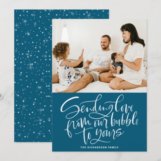 Tarjeta Festiva Enviando amor desde nuestra burbuja a tu foto azul (Anverso / Reverso)