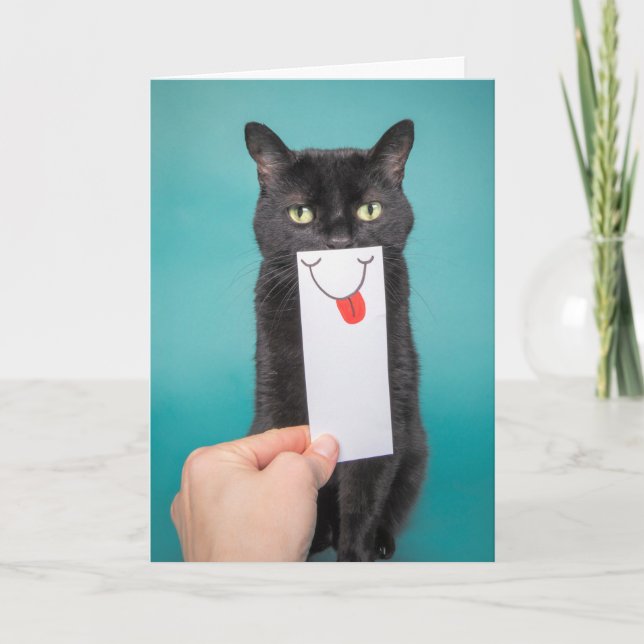 Tarjeta Festiva Enviar un gato gracioso sonriente con dibujo de bo (Anverso)