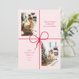 Tarjeta Festiva Envoltura moderna de lazo rojo y rosa para 2 fotos