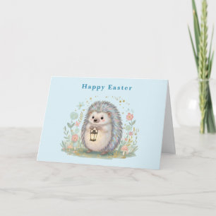 Tarjeta Festiva Erizo Adorable con Lámpara de Pascua
