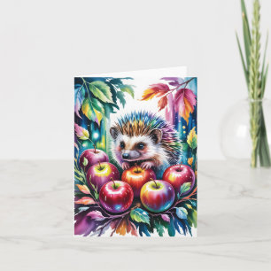 Tarjeta Festiva Erizo de Acuarela Vibrante con Manzanas de Otoño