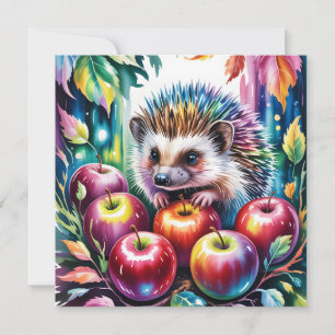 Tarjeta Festiva Erizo de Acuarela Vibrante con Manzanas de Otoño