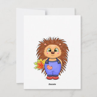 Tarjeta Festiva Erizo de dibujos animados lindo con hojas de otoño