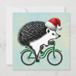 Tarjeta Festiva Erizo montando una bicicleta con sombrero de Santa