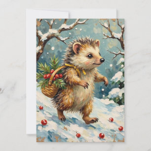 Tarjeta Festiva Erizo vintage con cesta de bayas navideñas