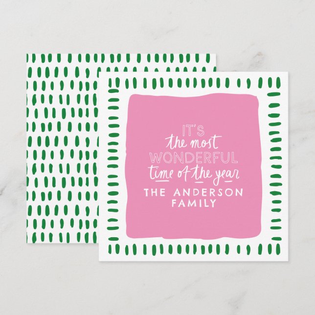 Tarjeta Festiva Es el momento más maravilloso: Modern Pink & Green (Anverso / Reverso)