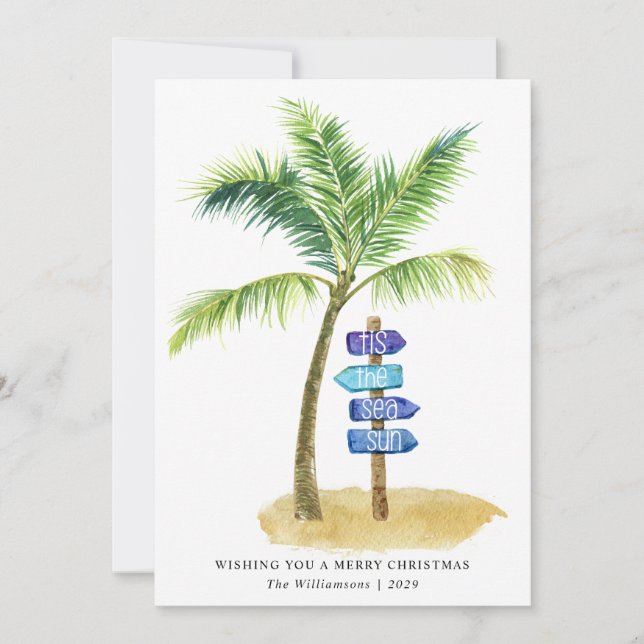 Tarjeta Festiva Es el Sol del Mar Acuarela Playa Dos Fotos  (Anverso)