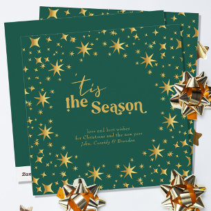 Tarjeta Festiva Es la Temporada Simple Elegante Verde y Estrellas 