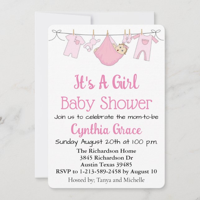 Tarjeta Festiva Es un Baby Shower Chica (Anverso)