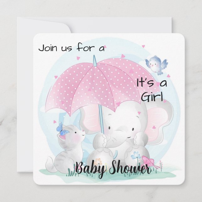 Tarjeta Festiva Es un elefante Baby Shower Chica y gatitos (Anverso)
