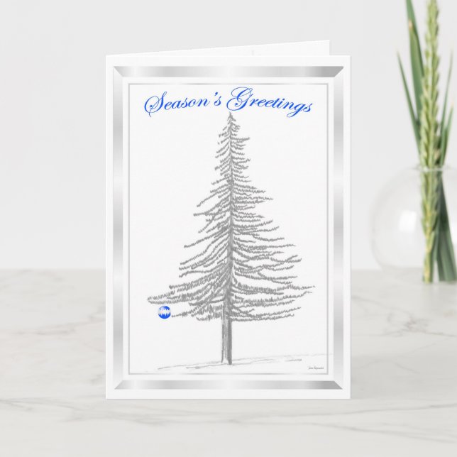 Tarjeta Festiva Esbozo de árbol de hebras con ornamento azul (Anverso)