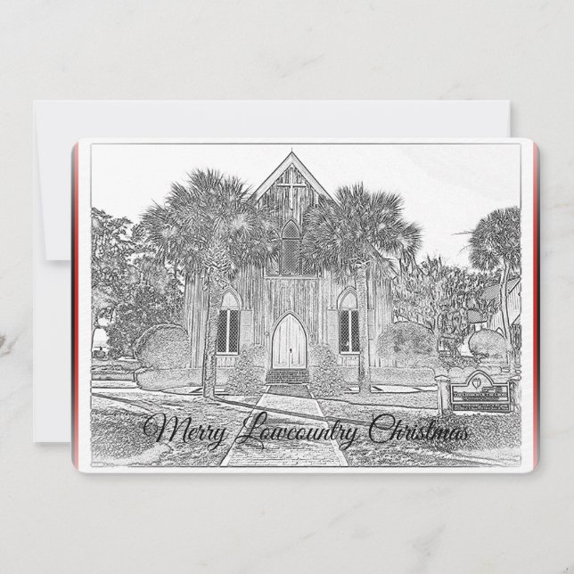 Tarjeta Festiva Esbozo de la iglesia Bluffton de Merry Lowcountry  (Anverso)