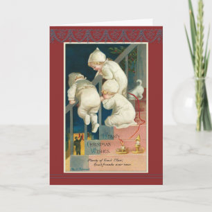 Tarjeta Festiva Escalera de Navidades Triplets Ellen H. Clapsaddle