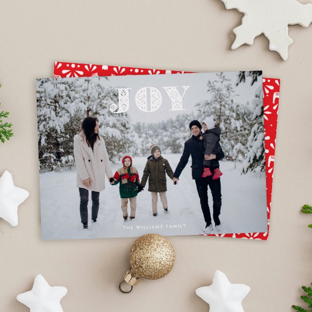 Tarjeta Festiva Escándalo de texto de alegría blanca paisaje de ar (white Swedish folk art style JOY Christmas full-bleed photo holiday card)