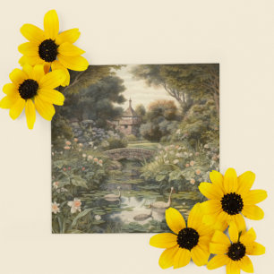 Tarjeta Festiva Escena botánica de cisnes en un jardín inglés