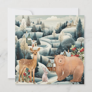 Tarjeta Festiva Escena de invierno con Navidades de animales de Wo