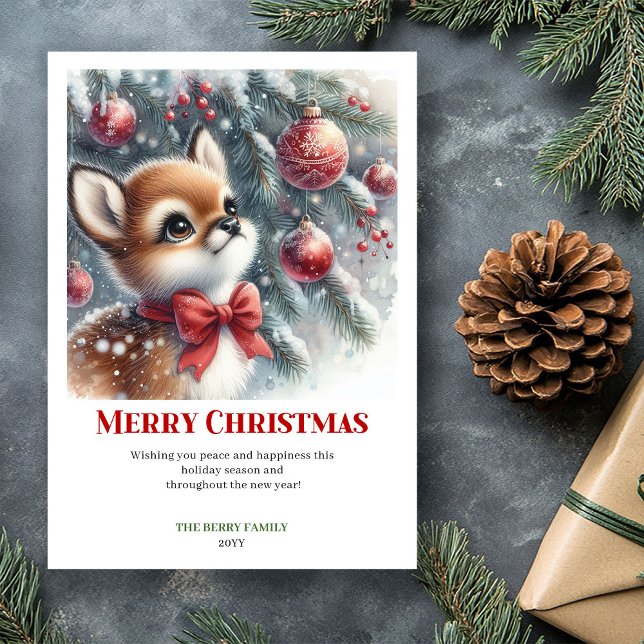 Tarjeta Festiva Escena de invierno de cervatillo bebé adorable con (Cute Baby Fawn Winter Scene Watercolor Christmas Greeting

)