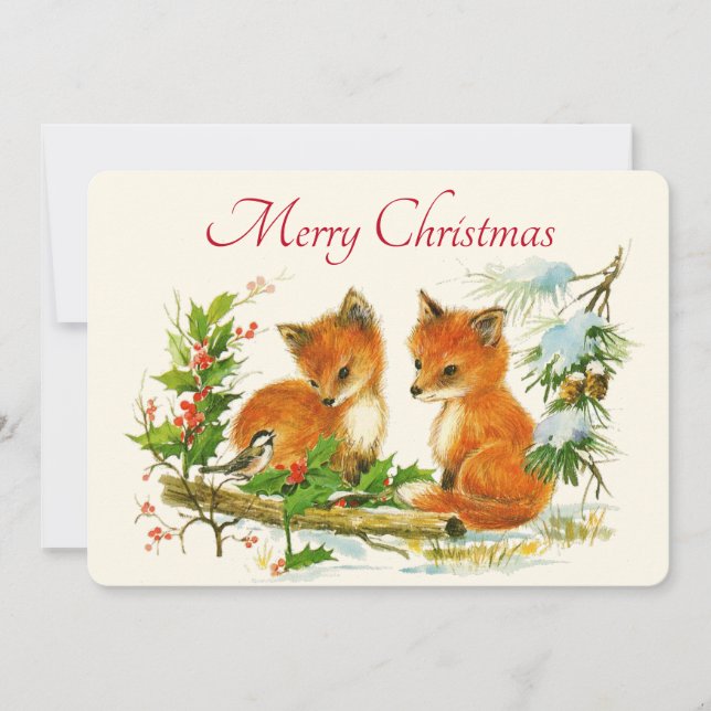 Tarjeta Festiva Escena de invierno de Navidades retro de zorros de (Anverso)