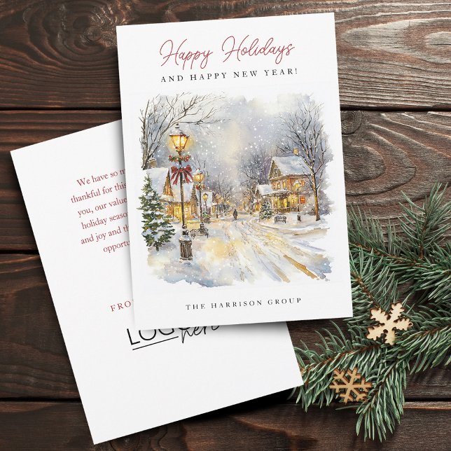 Tarjeta Festiva Escena de invierno festiva tu logotipo (Festive Winter Scene Your Logo Business Holiday Card)