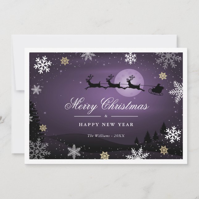 Tarjeta Festiva Escena de invierno púrpura reno Santa Claus (Anverso)