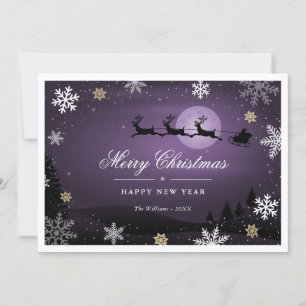 Tarjeta Festiva Escena de invierno púrpura reno Santa Claus