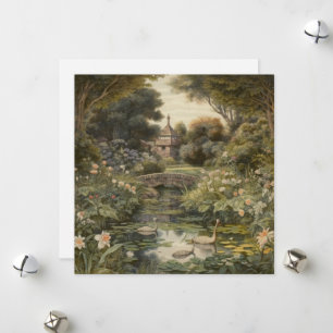 Tarjeta Festiva Escena de jardín inglés pastoral elegante y cisnes
