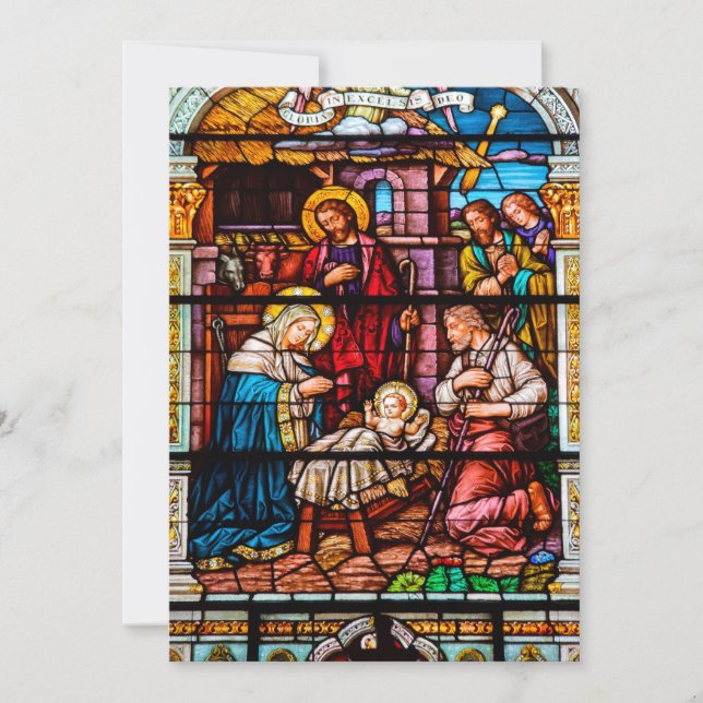 Tarjeta Festiva Escena de Jesús Natividad en vidrio manchado (Anverso)