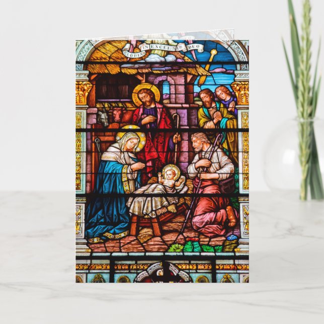 Tarjeta Festiva Escena de Jesús Natividad en vidrio manchado (Anverso)