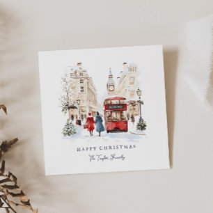 Tarjeta Festiva Escena de la ciudad acuarela de los Navidades de L