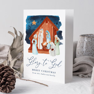 Tarjeta Festiva Escena de la Natividad al Acuarela Gloria a Dios T