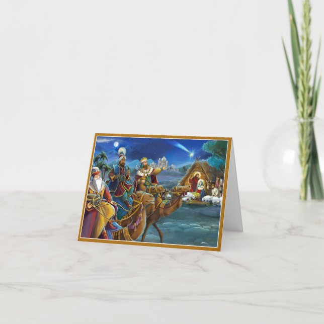 Tarjeta Festiva Escena de la Natividad con Navidades sabios (Anverso)