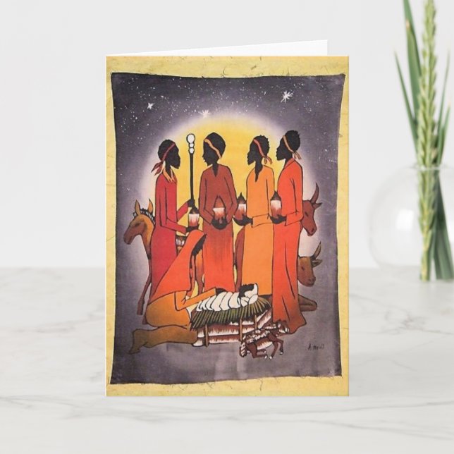 Tarjeta Festiva Escena de la Natividad de los Navidades Africanos (Anverso)