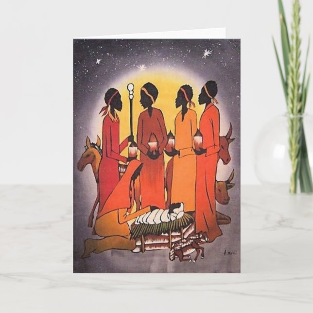 Tarjeta Festiva Escena de la Natividad de los Navidades Africanos (Anverso)