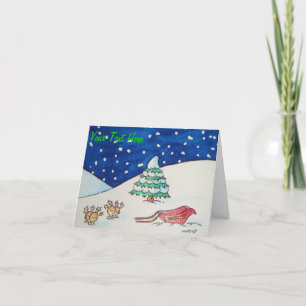 Tarjeta Festiva Escena de la nieve de renos pequeños con trineos y