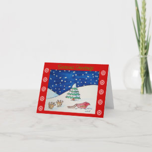 Tarjeta Festiva Escena de la nieve de renos pequeños con trineos y