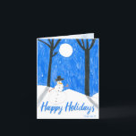 Tarjeta Festiva Escena de la noche de Snowman por Teagan<br><div class="desc">Esta tarjeta muestra el arte original de Teagan,  una sobreviviente de cáncer infantil. Las ganancias de estas compras van a Amigos de los Niños con Cáncer. Más información en friendsofkids.org o llame al 314.275.7440.</div>