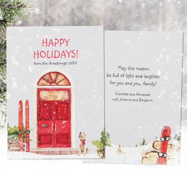 Tarjeta Festiva Escena de la puerta roja del perro de esquí acuáti (Watercolor Ski Dog Red Door Scene Holiday Card ©Susanne Sachers - Sunny Mind Design 🌞)