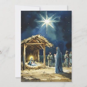 Tarjeta Festiva Escena de natividad acuarela Interior en blanco