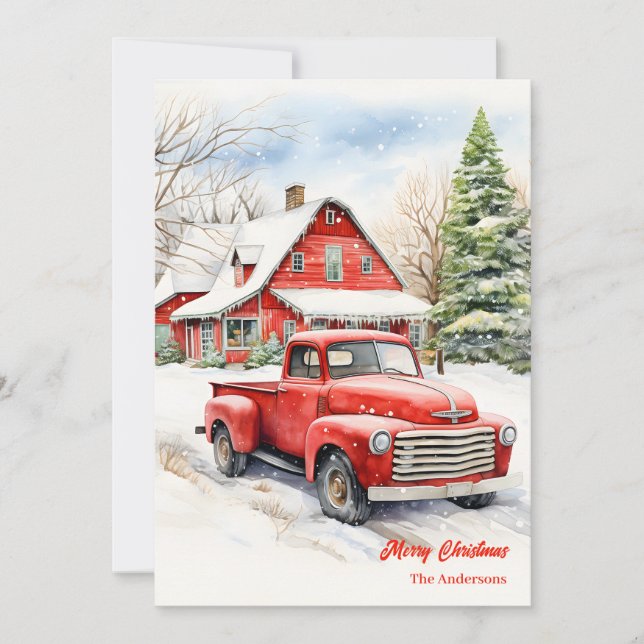 Tarjeta Festiva Escena de Navidades cómodos y nevados de un camión (Anverso)