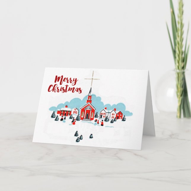 Tarjeta Festiva Escena de navidades con iglesia roja y estrella su (Anverso)