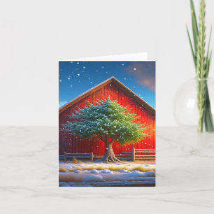 Tarjeta Festiva Escena De Navidades De Invierno Con Granero Rojo