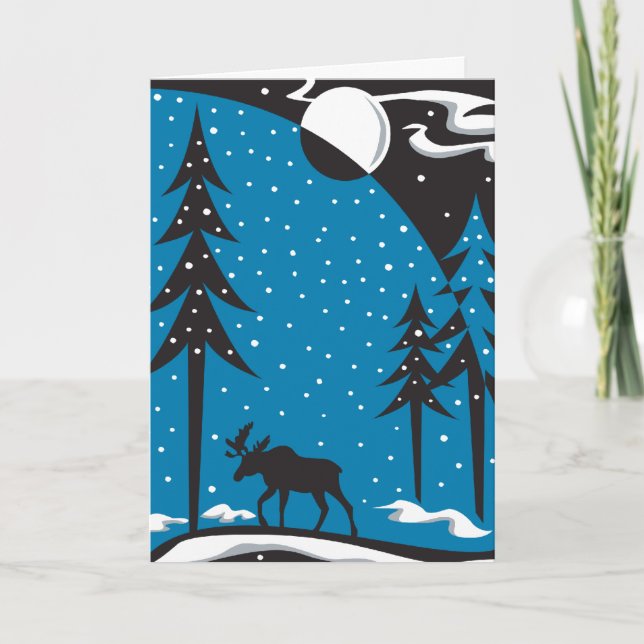 Tarjeta Festiva Escena de Navidades de Moose Nocturno (Anverso)