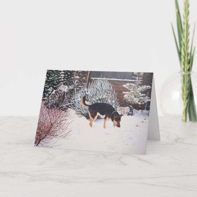 Tarjeta Festiva Escena de nieve en invierno con un lindo perro neg (Anverso)