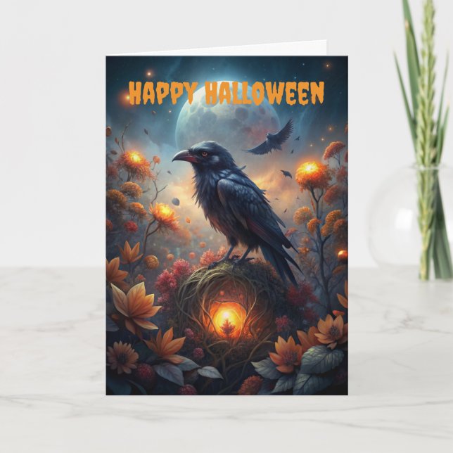 Tarjeta Festiva Escena de pájaro espeluznante de Halloween (Anverso)