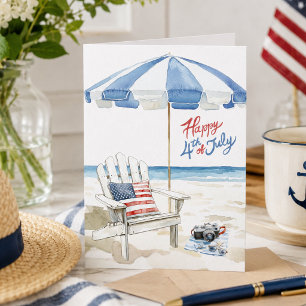 Tarjeta Festiva Escena de playa Acuarela Feliz 4 de julio en blanc