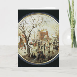 Tarjeta Festiva Escena del invierno con los patinadores cerca de