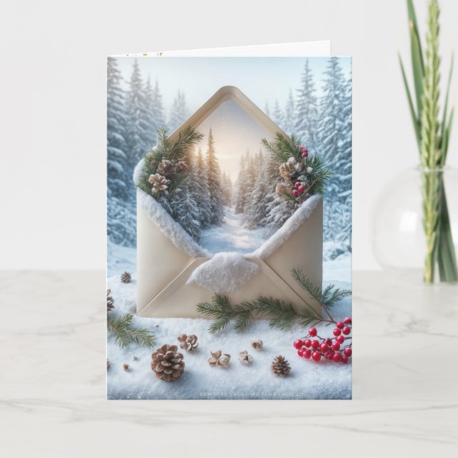 Tarjeta Festiva Escena forestal de navidades en un sobre (Anverso)