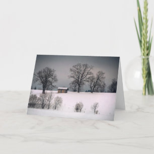Tarjeta Festiva Escena invernal, colina y árboles, cabaña