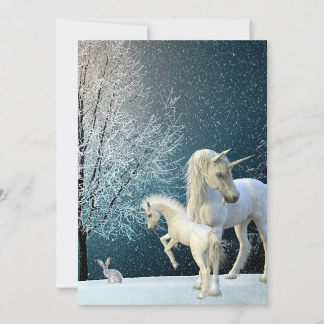Tarjeta Festiva Escena invernal de unicornio y cría de nieve festi (Anverso)