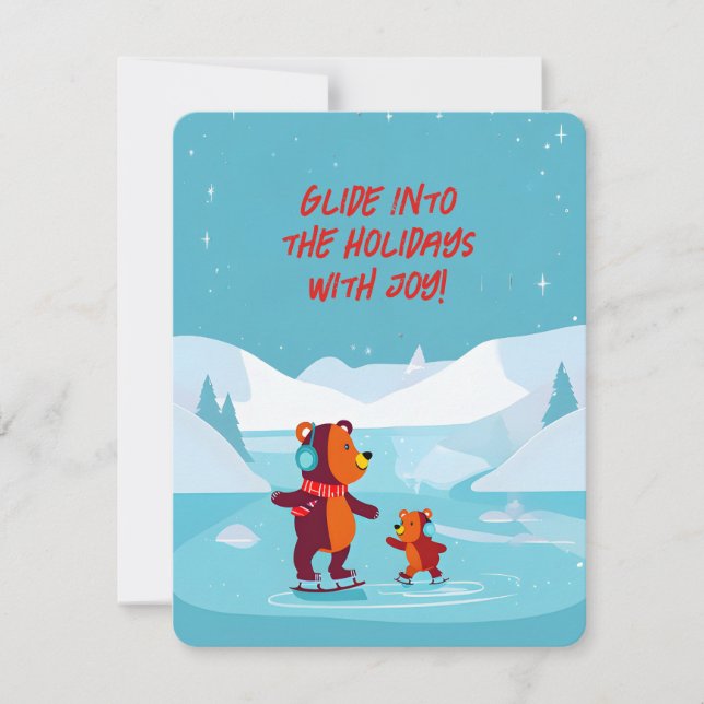 Tarjeta Festiva Escena Invernal Festiva Osos Adorables Patinando s (Anverso)